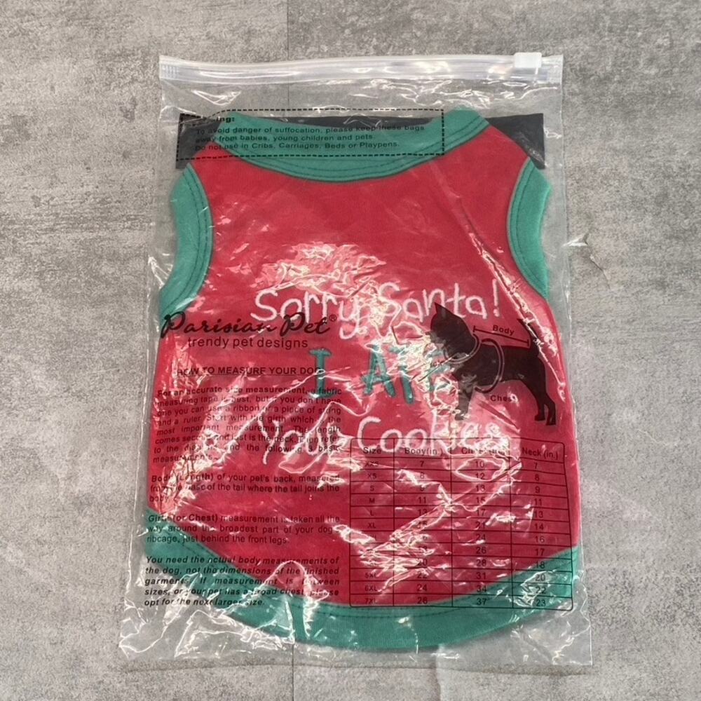 PARISIAN PET Ref/Green 'Sorry Santa! I Ate Your Cookies' Funny Dog T-Shirt SZ S